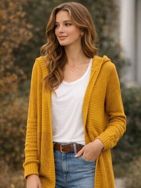 Mustard Hooded Open Knit Cardigan Lightweight Fall Layering Sweater S